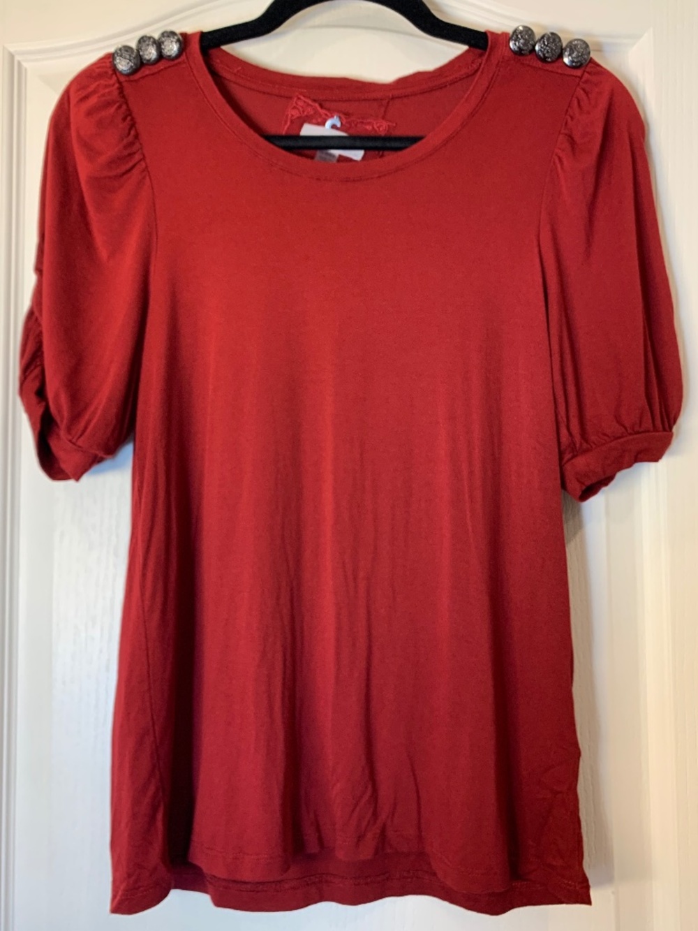 Cupio Red Puff Sleeve Knit Top XS | Statement Button‎ Shoulders & Ruched Sleeves